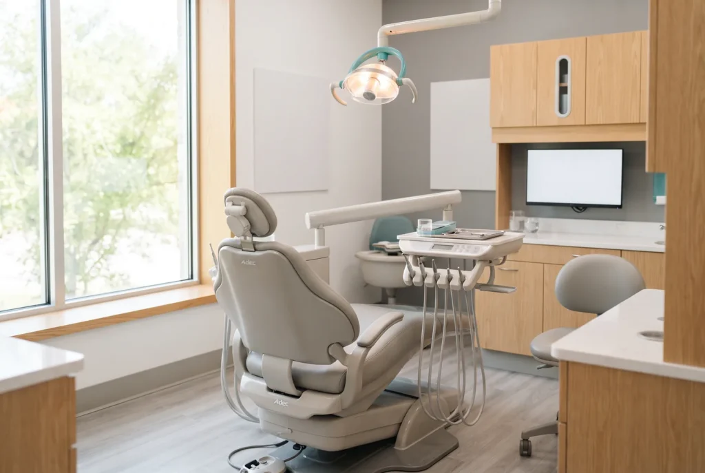 Bright modern dental treatment room with the overhead light on in San Antonio