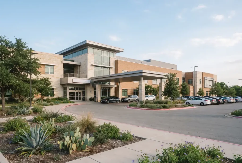 Wide exterior of a modern hospital building with a covered driveway in San Antonio