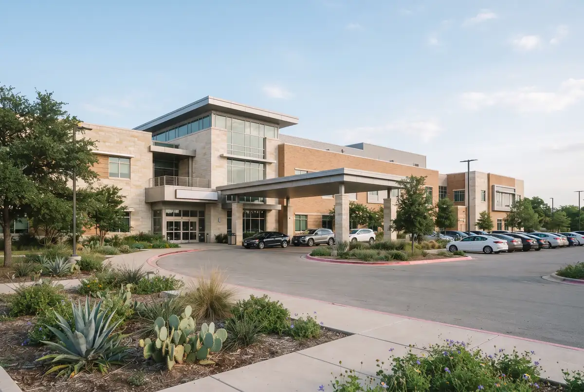 Wide exterior of a modern hospital building with a covered driveway in San Antonio