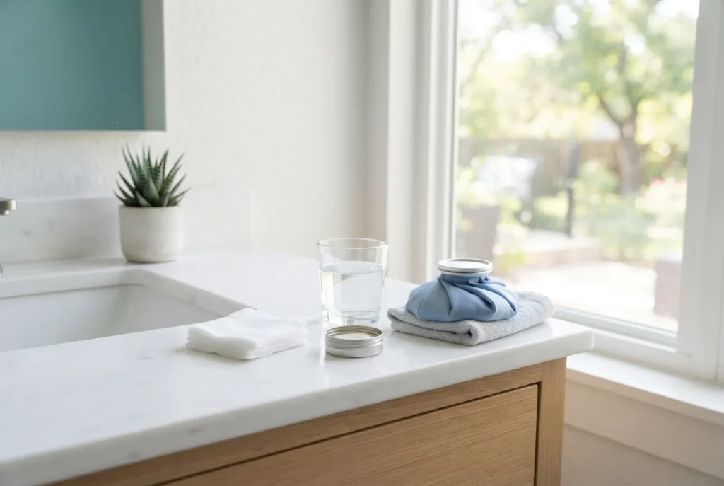 Dental first-aid items on a bathroom counter: folded gauze, a glass of water and a cold pack