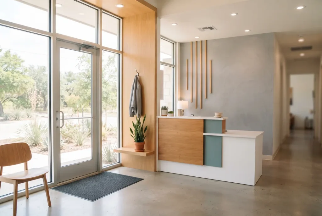 Inside a dental office entrance with a glass door letting in daylight in San Antonio