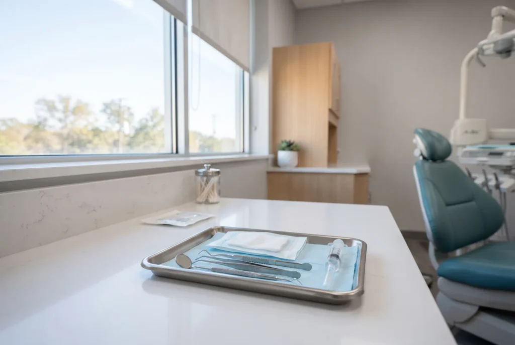 Prepared sterile tray with gauze and saline for same-day dental abscess care in San Antonio
