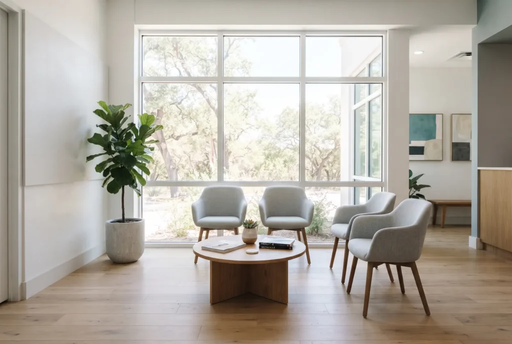 Small bright dental waiting area with modern chairs and a large window in San Antonio