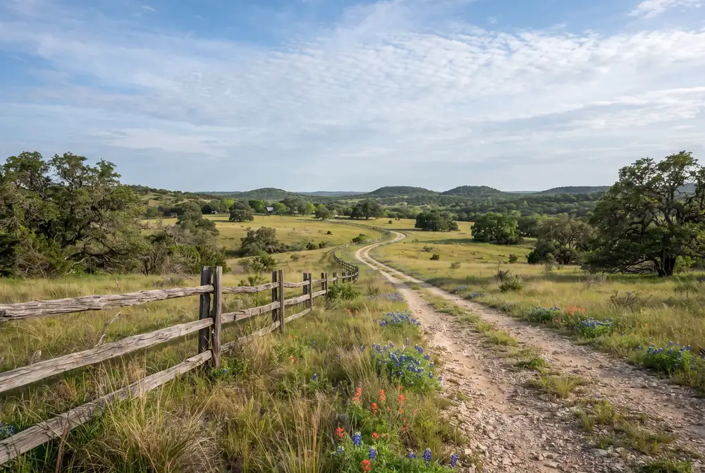 Texas Hill Country ranch landscape with live oaks and a split-rail fence near Bulverde