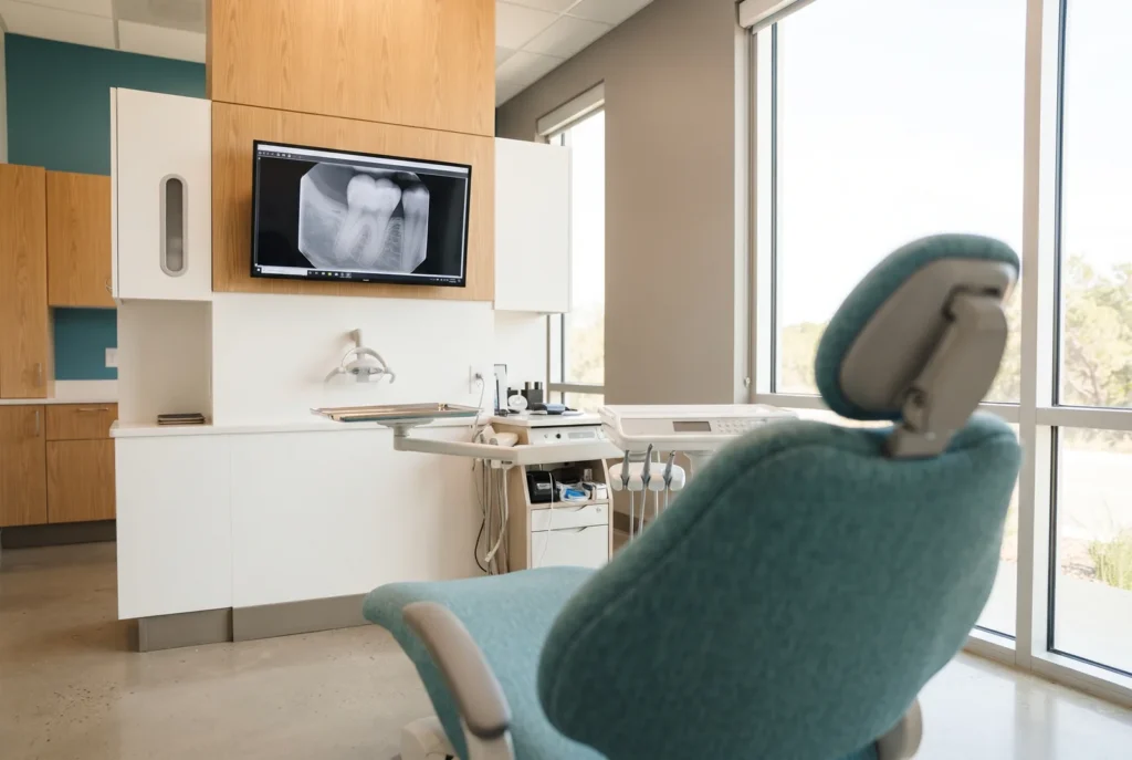 Dental X-ray on a monitor in a bright treatment room before an emergency root canal in San Antonio