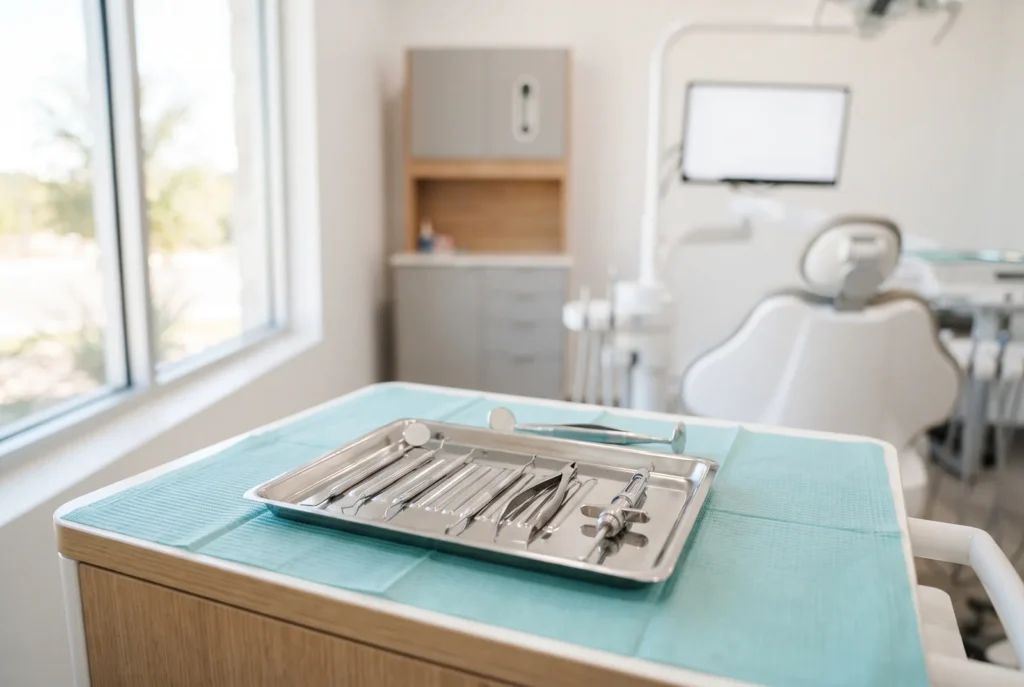 Sterile dental instruments laid out for a same-day tooth extraction in San Antonio