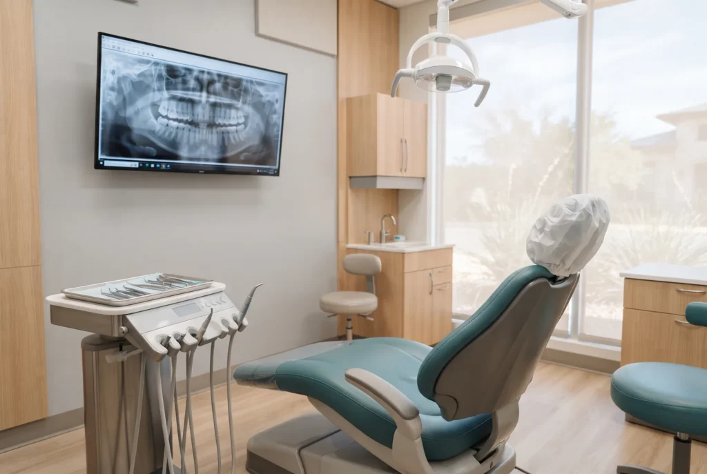 Panoramic dental X-ray on a monitor in a bright treatment room in San Antonio