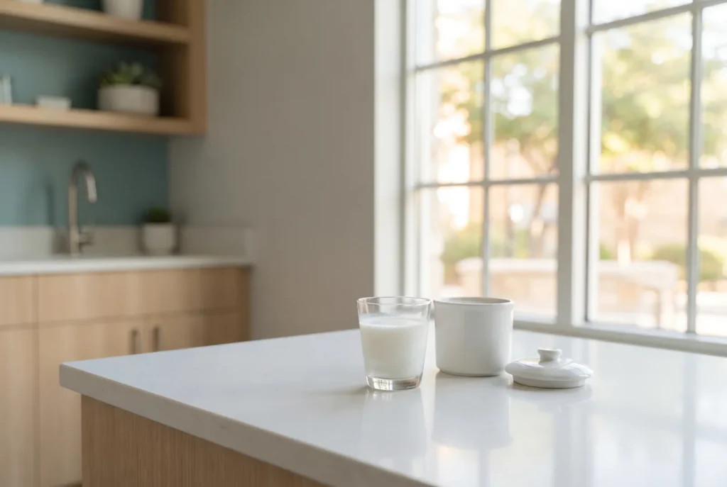 Glass of milk and a small lidded container on a kitchen counter, ready to transport a knocked-out tooth