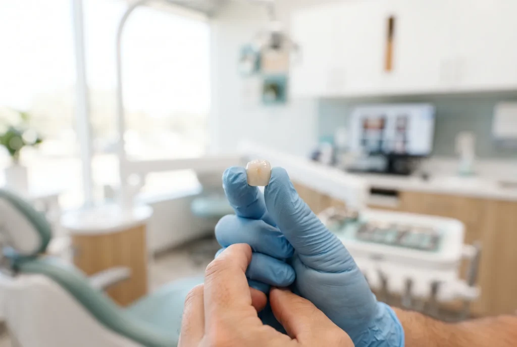 Single ceramic dental crown held in gloved fingertips in a bright San Antonio dental office