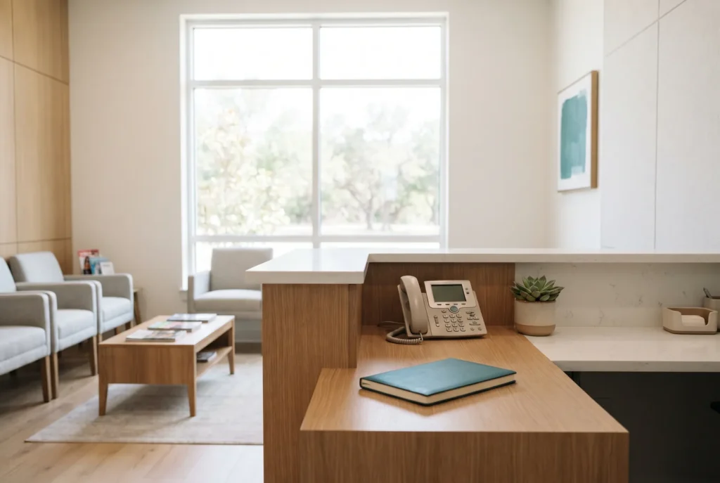 Clean dental reception counter with a desk phone in a San Antonio emergency dental office