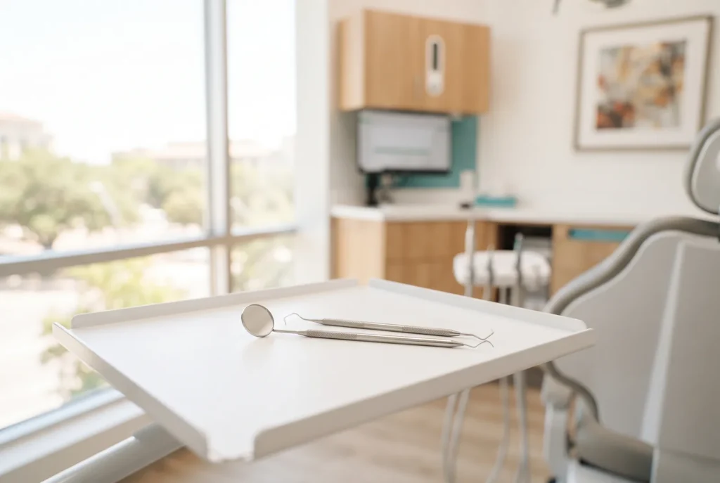 Dental mirror and explorer on a clean tray in a San Antonio emergency dental office