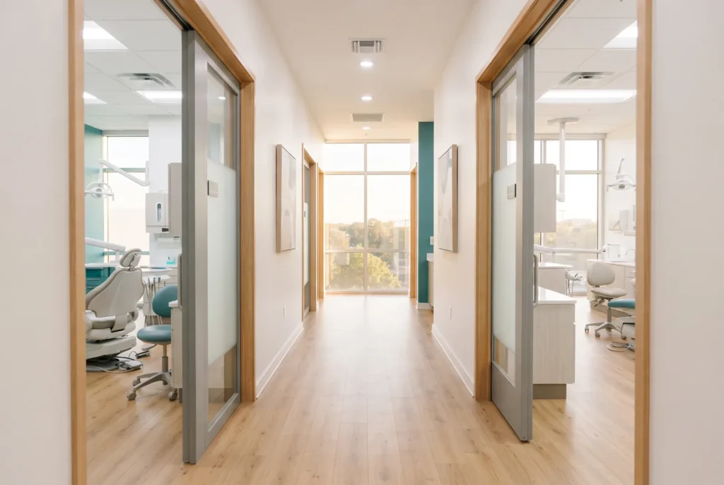 Sunlit dental office hallway on a weekend morning in San Antonio